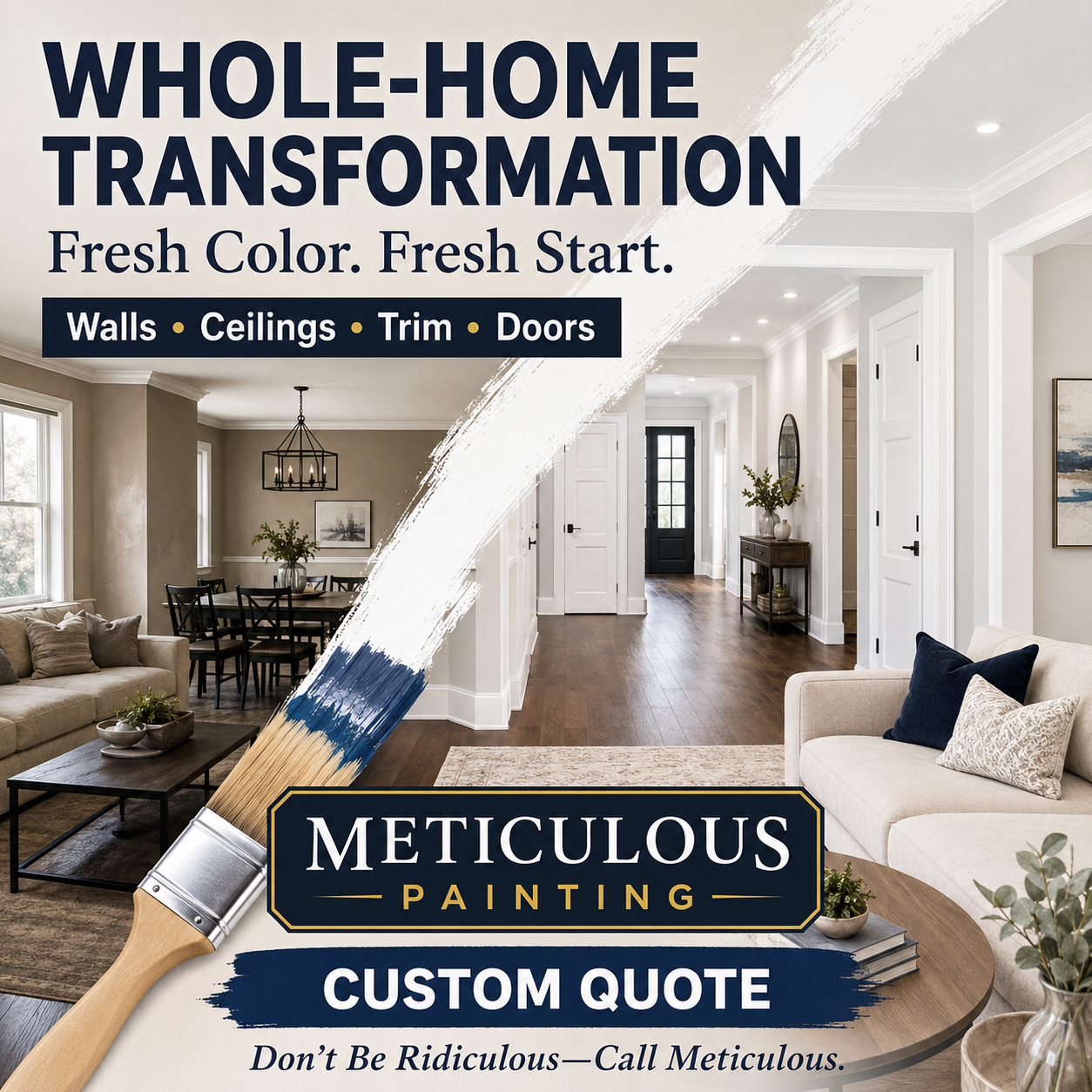 Open interior with freshly painted walls, cabinets, and millwork